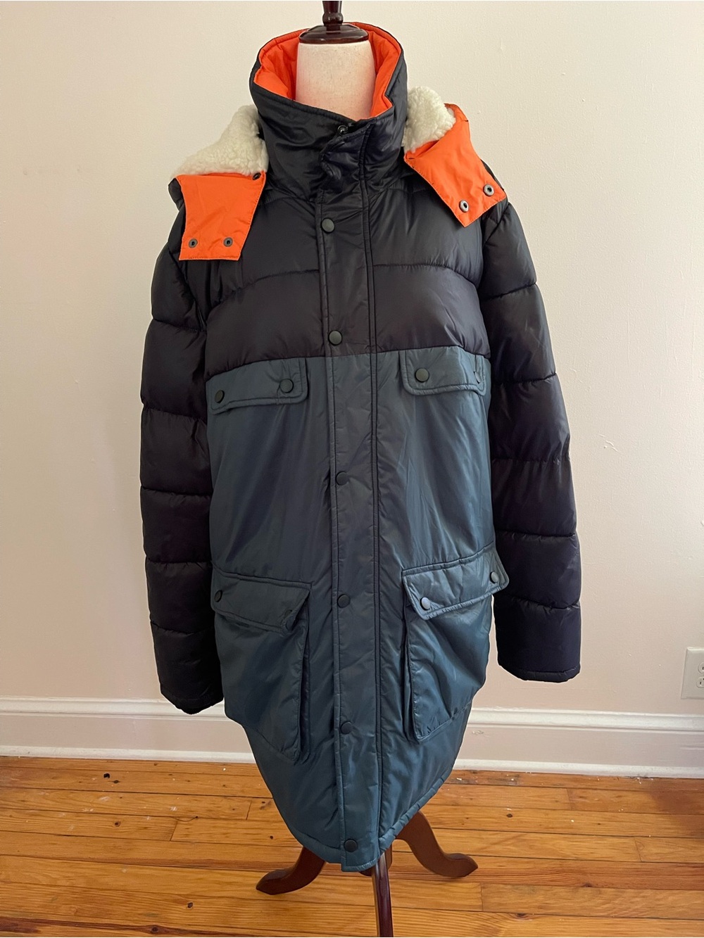ASOS Colorblock Puffer Parka Coat Large Navy Teal Orange Sherpa Hood
